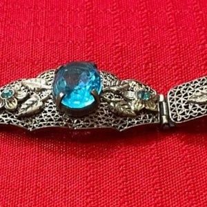 Czechoslovakia Filigree Bracelet with Blue Oval Center Stone & Green Flowers